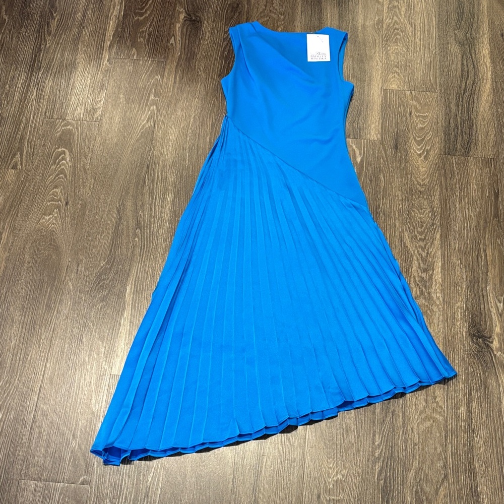 Badgley Mischka Bright Blue Asymmetrical Pleated Dress